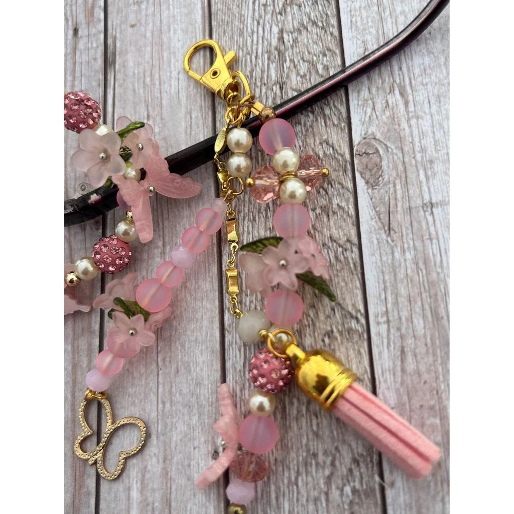 Pink Floral Zipper Pull & Bag Charm Handmade Butterfly Purse Charm